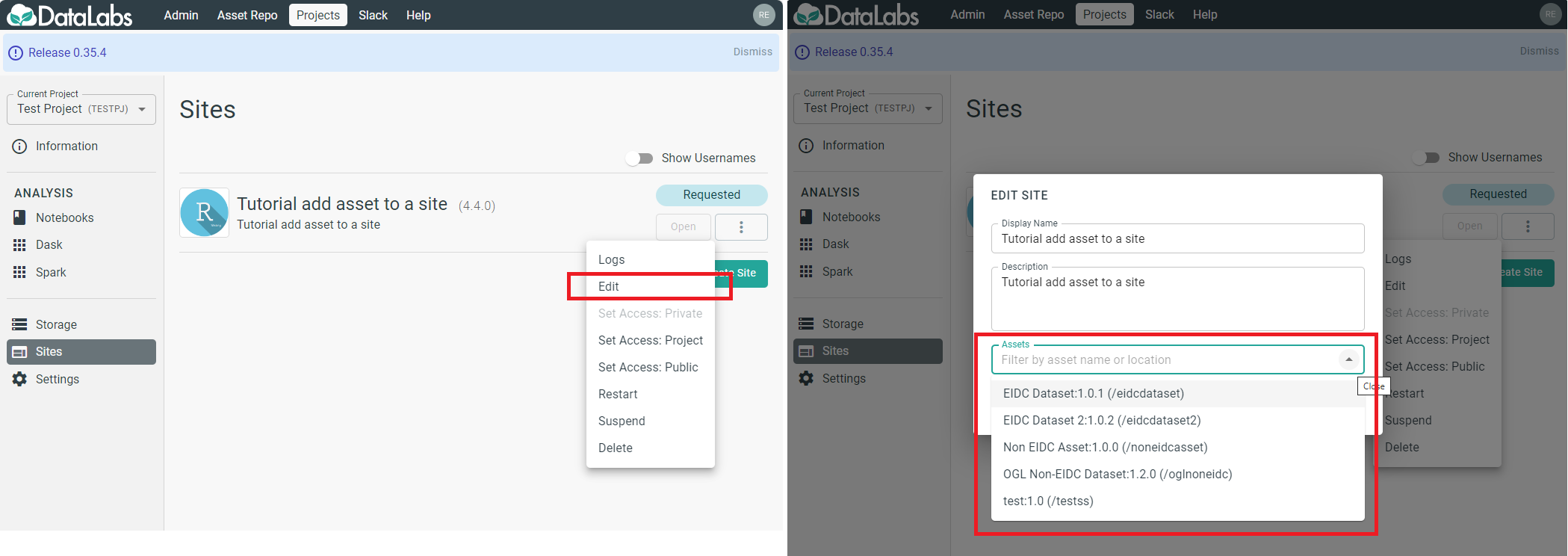 asset attach after site creation